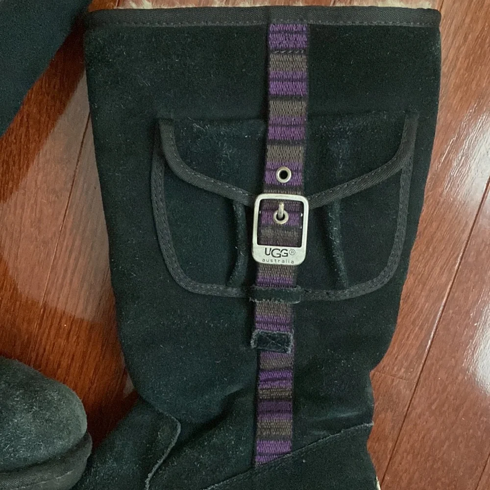 UGG Australia Tall Black Boots with Belted Purple Side Stripe and Side Pocket